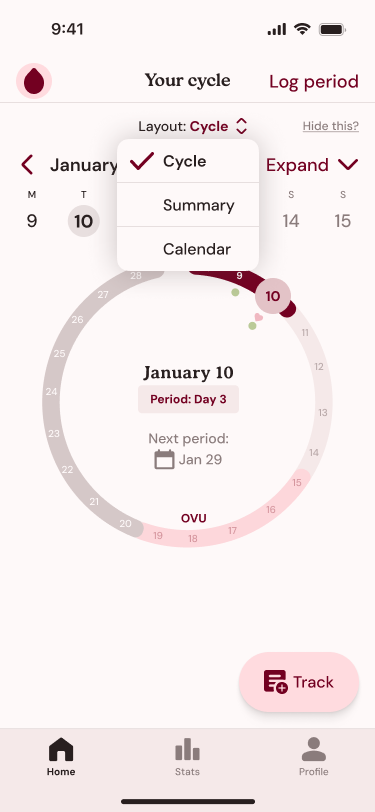 Temple app showing layout switching options with summary, cycle, and calendar views